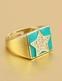 Fashion Green Star Brass And Diamond Pentagram Oil Drip Open Ring