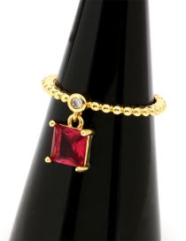 Fashion Rose Red Square Brass Gold Plated Beaded Square Zirconium Open Ring