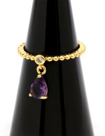 Fashion Purple Zirconium Water Droplets Brass Gold Plated Beaded Drop Open Ring
