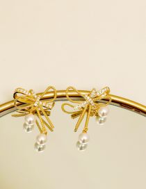 Fashion Gold Copper Diamond Bow Pearl Stud Earrings