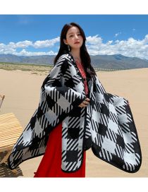 Fashion 9 Houndstooth Black And White Faux Cashmere Button Hooded Slit Shawl