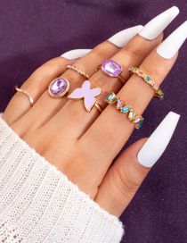 Fashion Purple Alloy Diamond Drip Oil Butterfly Ring Set
