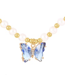 Fashion Blue Bronze Zirconium Pearl Beaded Butterfly Pendant Necklace