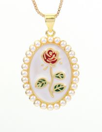 Fashion 2# Brass Gold Plated Oval Necklace With Pearl Drop Oil Rose