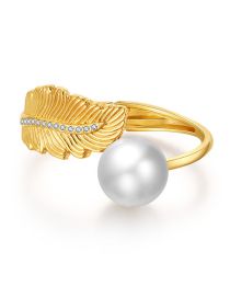 Fashion Gold Alloy Diamond Leaf Pearl Open Ring