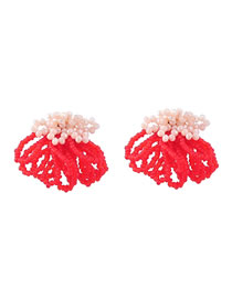 Fashion Red Resin Multilayer Rice Bead Braided Flower Stud Earrings