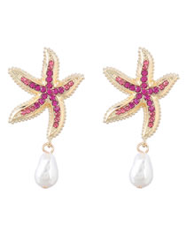 Fashion Rose Red Alloy Diamond Starfish Pearl Stud Earrings