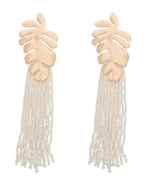 Fashion White Alloy Long Rice Beads Tassel Leaf Earrings