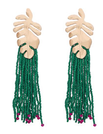 Fashion Green Alloy Long Rice Beads Tassel Leaf Earrings