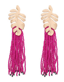 Fashion Rose Red Alloy Long Rice Beads Tassel Leaf Earrings