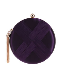 Fashion Purple Polyester Crinkled Satin Woven Fringe Round Clutch
