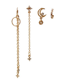 Fashion Gold Alloy Diamond Star And Moon Chain Tassel Earrings Set