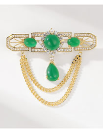 Fashion Gold Brass And Diamond Chrysoprase Fringe Chain Brooch