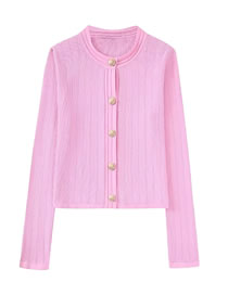 Fashion Pink Geometric Knit Buttoned Crew Neck Cardigan
