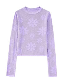 Fashion Purple Floral Jacquard Mesh Knit Top