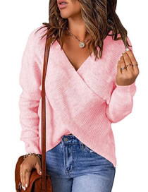 Fashion Pink Polyester Cross Knit V-neck Sweater