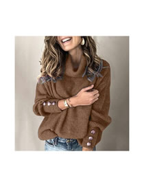Fashion Brown Blended Button Cuff Turtleneck Roll-up Sweater