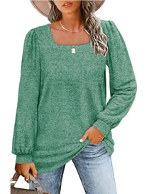 Fashion Green Square Neck Puff Sleeve Long Sleeve Top