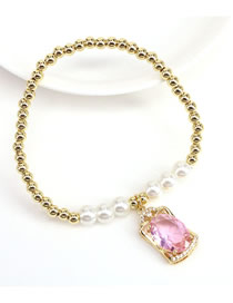 Fashion Pink Brass Gold Plated Beaded Oval Diamond Bracelet