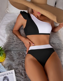 Fashion Black And White Color Matching Polyester Colorblock Ruffle One-shoulder Split Swimsuit
