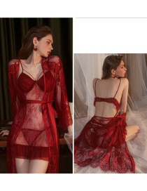 Fashion Jujube Red (robe + Belt) Polyester Lace Embroidered Robe + Belt