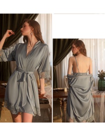 Fashion Green Gray (robe + Belt) Polyester Lace Panel Lace-up Robe