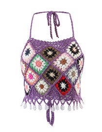 Fashion Purple Crochet Pearl Fringe Halter Tank