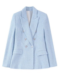 Fashion Blue Solid Textured Double-breasted Blazer