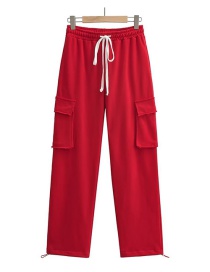Fashion Red Solid Color Three-dimensional Pocket Lace-up Straight Sweatpants