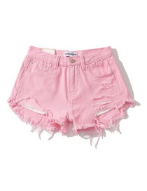 Fashion Pink Washed Frayed Denim Shorts