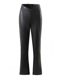 Fashion Black Pu Front V Straight Trousers