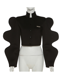 Fashion Black Stand Collar Single Breasted Balloon Sleeve Jacket
