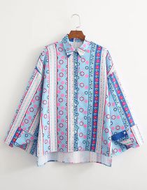 Fashion Blue Pink Flower Polyester Print Button-up Shirt