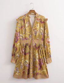 Fashion Yellow Polyester Print Breasted Dress