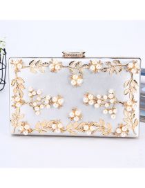 Fashion Silver Large-capacity Clutch Bag With Flower Appliquéd Gold And Pearls