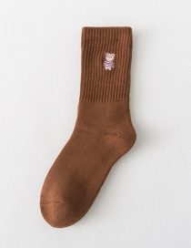 Fashion Deep Coffee Bear Embroidered Thick Tube Socks