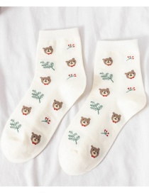 Fashion White Leaf Bear Bear Embroidered Tube Socks