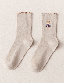 Fashion Khaki Bear Embroidered Wood Ear Socks