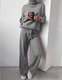 Fashion Light Grey Wool Knitted Turtleneck Sweater Wide-leg Pants Suit
