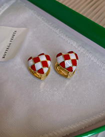 Fashion Red And White Grid Alloy Drop Oil Checkered Love Ear Buckle