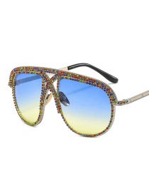 Fashion Silver Frame Blue And Yellow Film Diamond Large Frame Toad Sunglasses