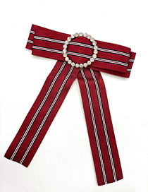 Fashion Red Fabric Striped Bow Round Diamond Brooch