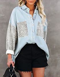 Fashion Sky Blue Leopard Panel Button-down Shirt
