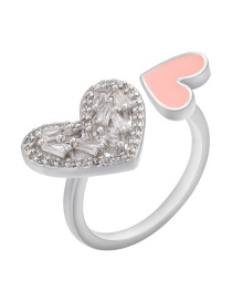 Fashion White Gold Color Pink Copper Inlaid Zirconium Drop Oil Love Heart Open Ring