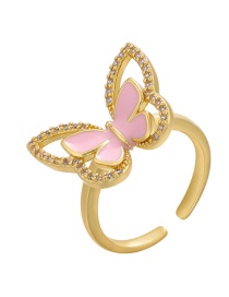 Fashion Gold Coloren Pink Copper Drop Oil Inlaid Zirconium Butterfly Open Ring