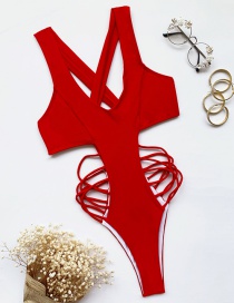 Fashion Red Solid Color Back Cross Cutout One-piece Swimsuit