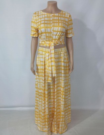 Fashion Yellow Grid Tie-dye Tie-dye Short-sleeved Large-length Skirt Suit