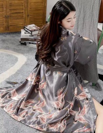 Fashion Elegant Gray Crane Mid-length Imitation Silk Geometric Print Bandage Nightgown