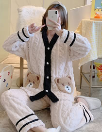 Fashion Black Side Muppet Bear Coral Fleece Geometric Cartoon Pajamas Set