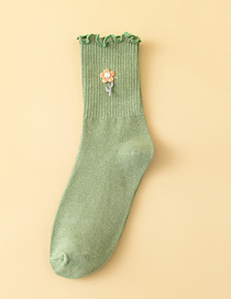 Fashion Green Cotton Flower Embroidered Wood Ear Socks